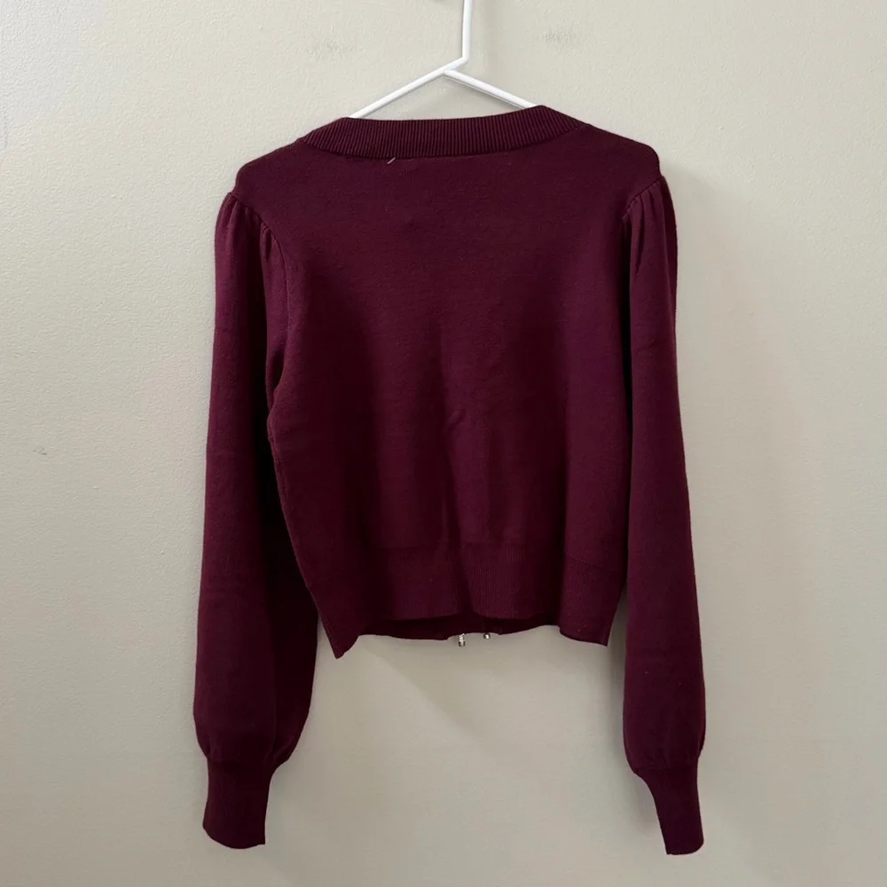 Belldini Balloon Sleeve Burgundy Cardigan Sweater with Rhinestone Bows, Sz M